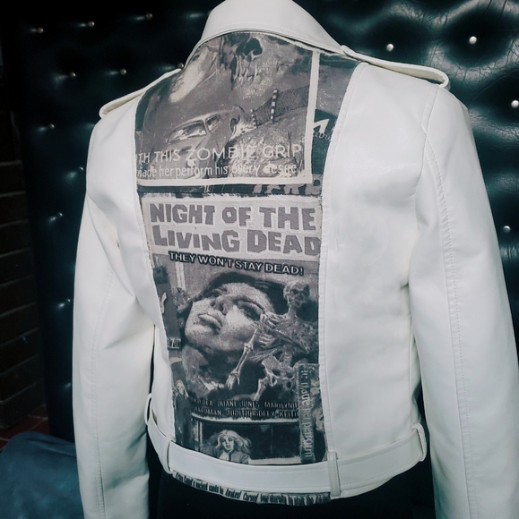Upcycled vegan leather biker style jacket with B movie bautys - Picture 3 of 5